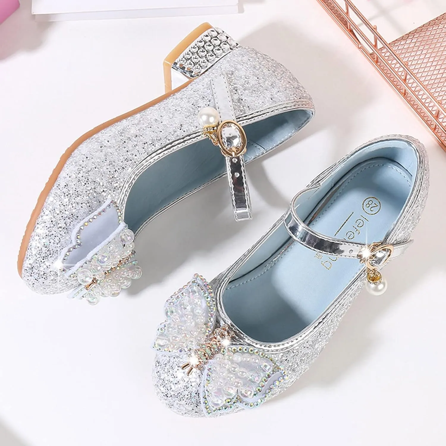 Girls Heels, Mary Jane Glitter Shoes Bows Sequin Party Footwear Dress Shoes Flower Girls Shoes for Wedding Party