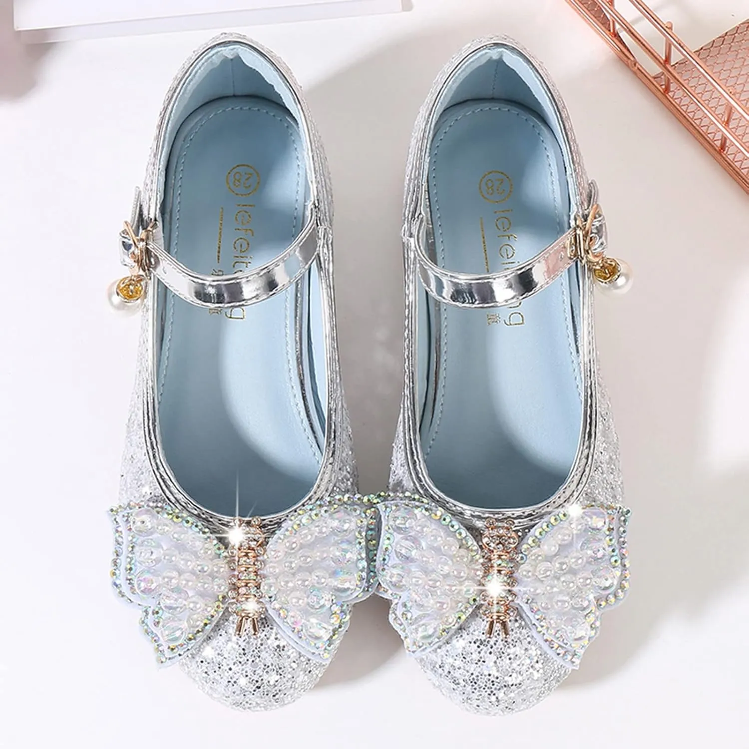 Girls Heels, Mary Jane Glitter Shoes Bows Sequin Party Footwear Dress Shoes Flower Girls Shoes for Wedding Party