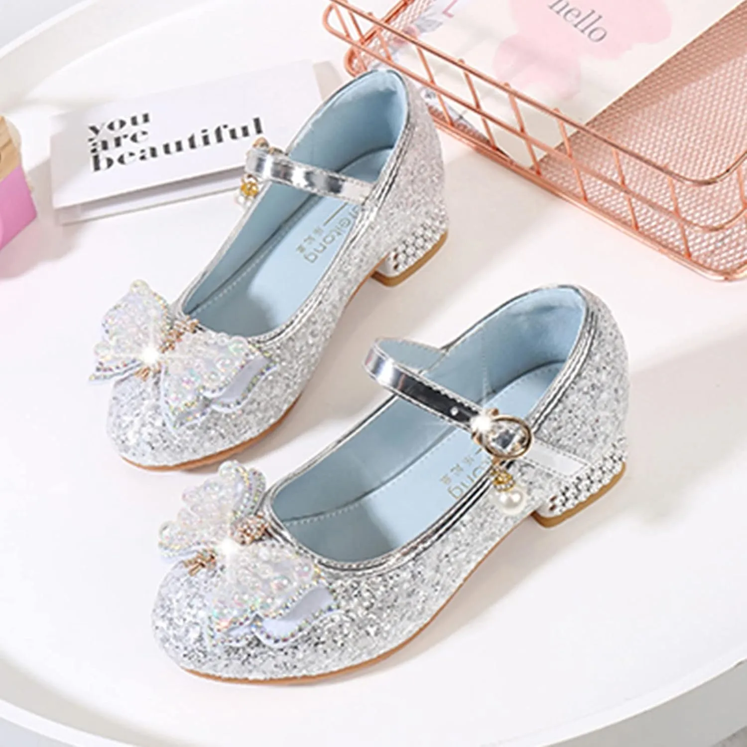 Girls Heels, Mary Jane Glitter Shoes Bows Sequin Party Footwear Dress Shoes Flower Girls Shoes for Wedding Party