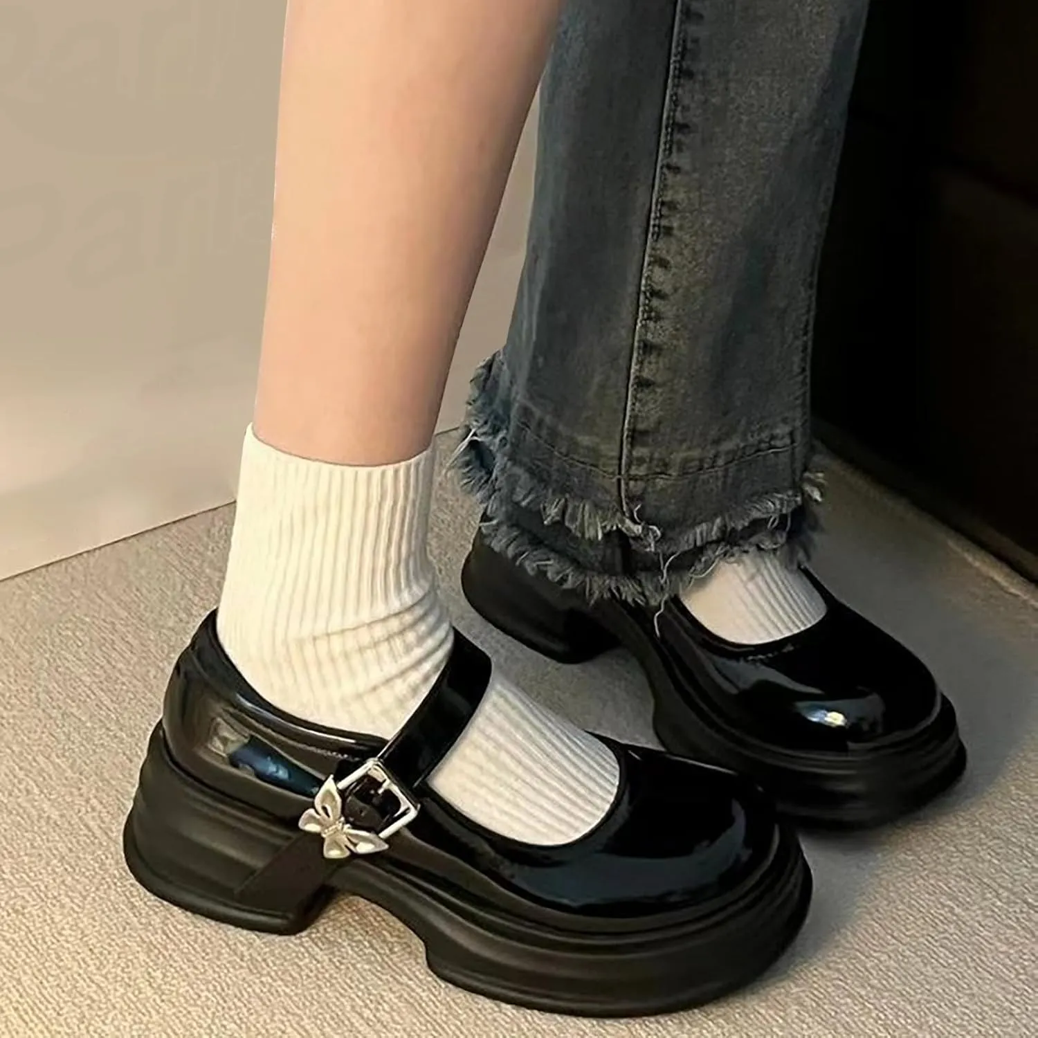 Girls Round Toe Ankle Strap Mary Jane School Shoes Fashion Chunky Platform ??xford Dress Shoes Soft Leather Pumps