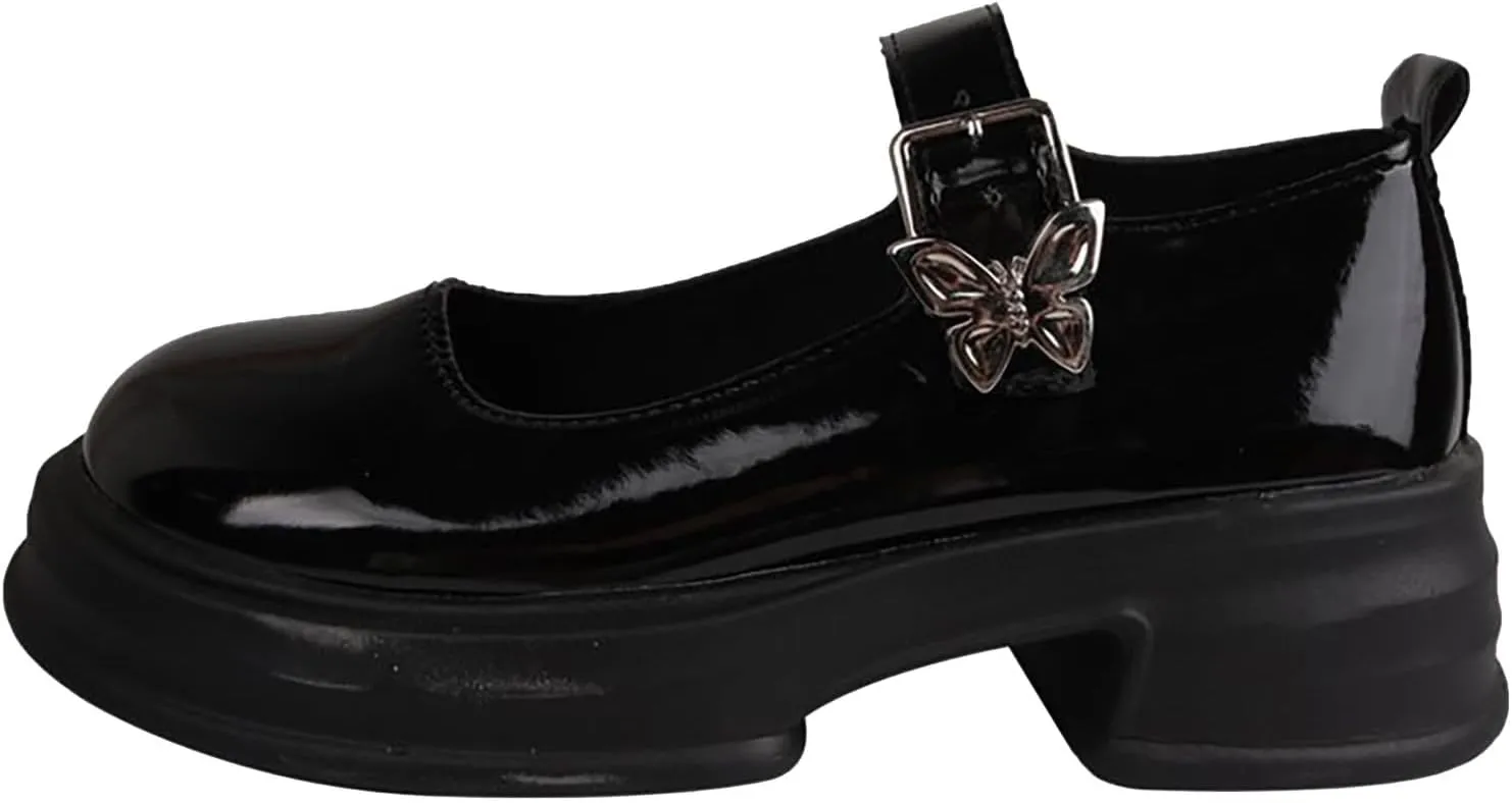 Girls Round Toe Ankle Strap Mary Jane School Shoes Fashion Chunky Platform ??xford Dress Shoes Soft Leather Pumps