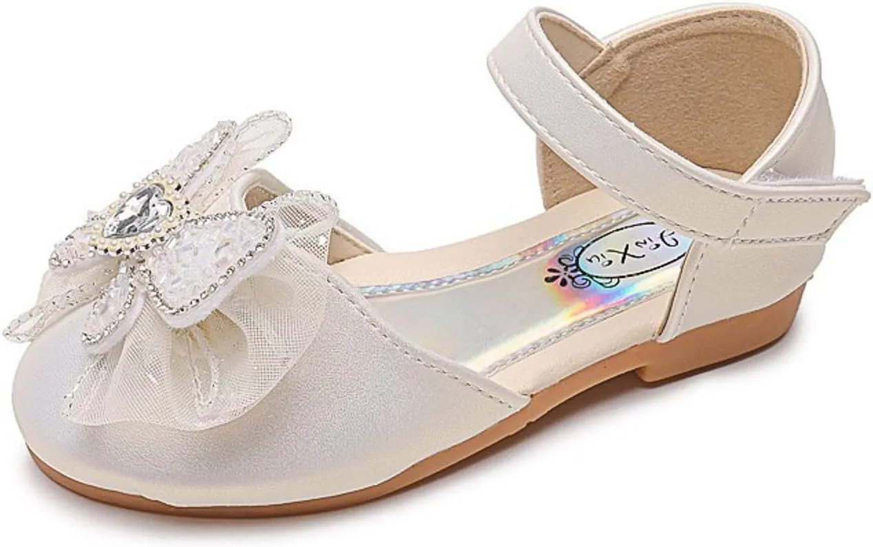 Girls Sequin Ribbon Bow Dress Sandals Kids Flat Bottom Lightweight Breathable Hook Loop Closed Toe Ballet Little