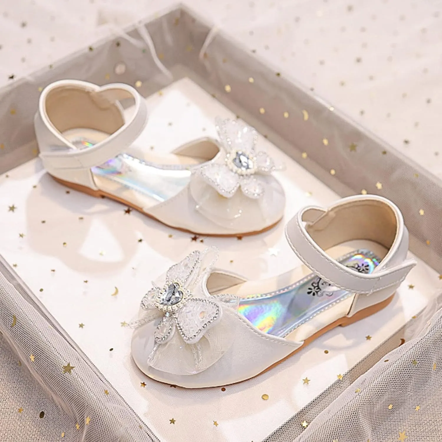 Girls Sequin Ribbon Bow Dress Sandals Kids Flat Bottom Lightweight Breathable Hook Loop Closed Toe Ballet Little