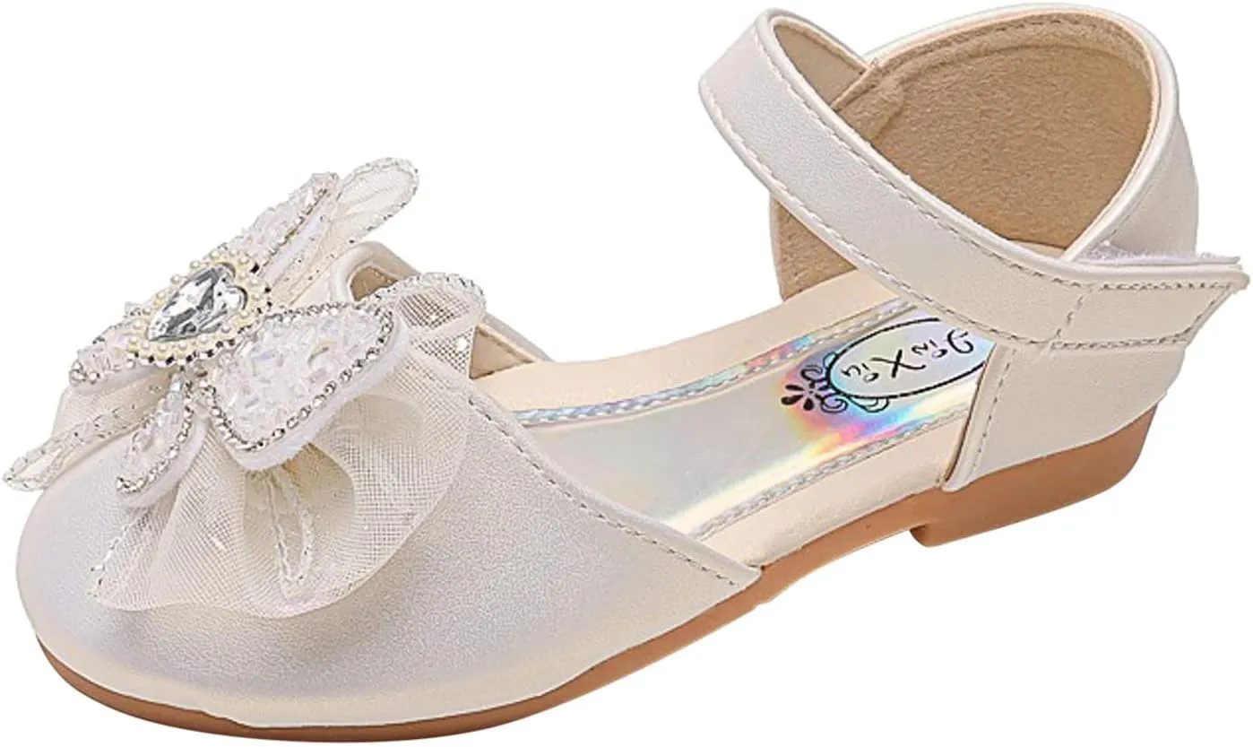 Girls Sequin Ribbon Bow Dress Sandals Kids Flat Bottom Lightweight Breathable Hook Loop Closed Toe Ballet Little