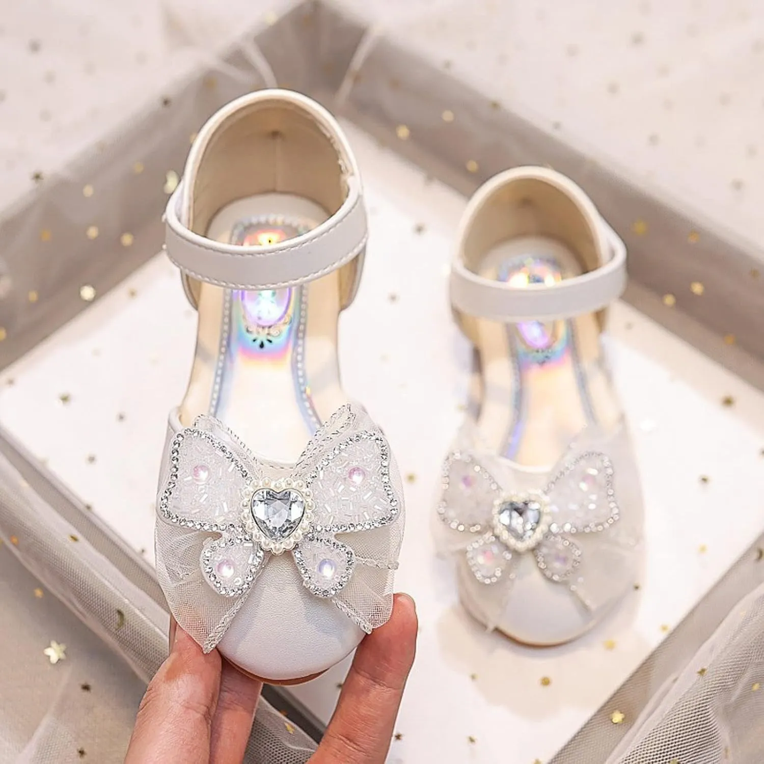 Girls Sequin Ribbon Bow Dress Sandals Kids Flat Bottom Lightweight Breathable Hook Loop Closed Toe Ballet Little