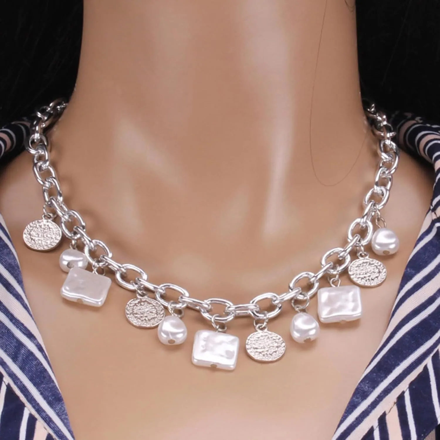 Gold Charm Necklace for Women Chunky Necklace with Baroque Pearl Charm Coins Pendant Boho Beach Jewelry for Women