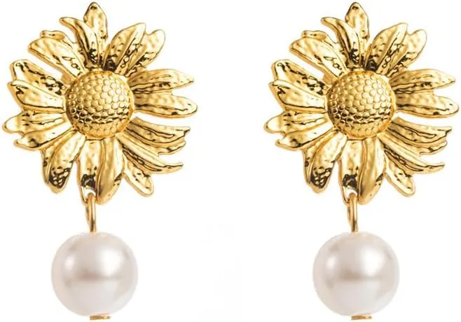 Gold Daisy Shell Pearl Dangle Drop Earrings for Women Hypoallergenic Stainless Steel Gold Plated Elegant Wedding Holiday Anniversary Statement Earring Retro Birthday Party Jewelry