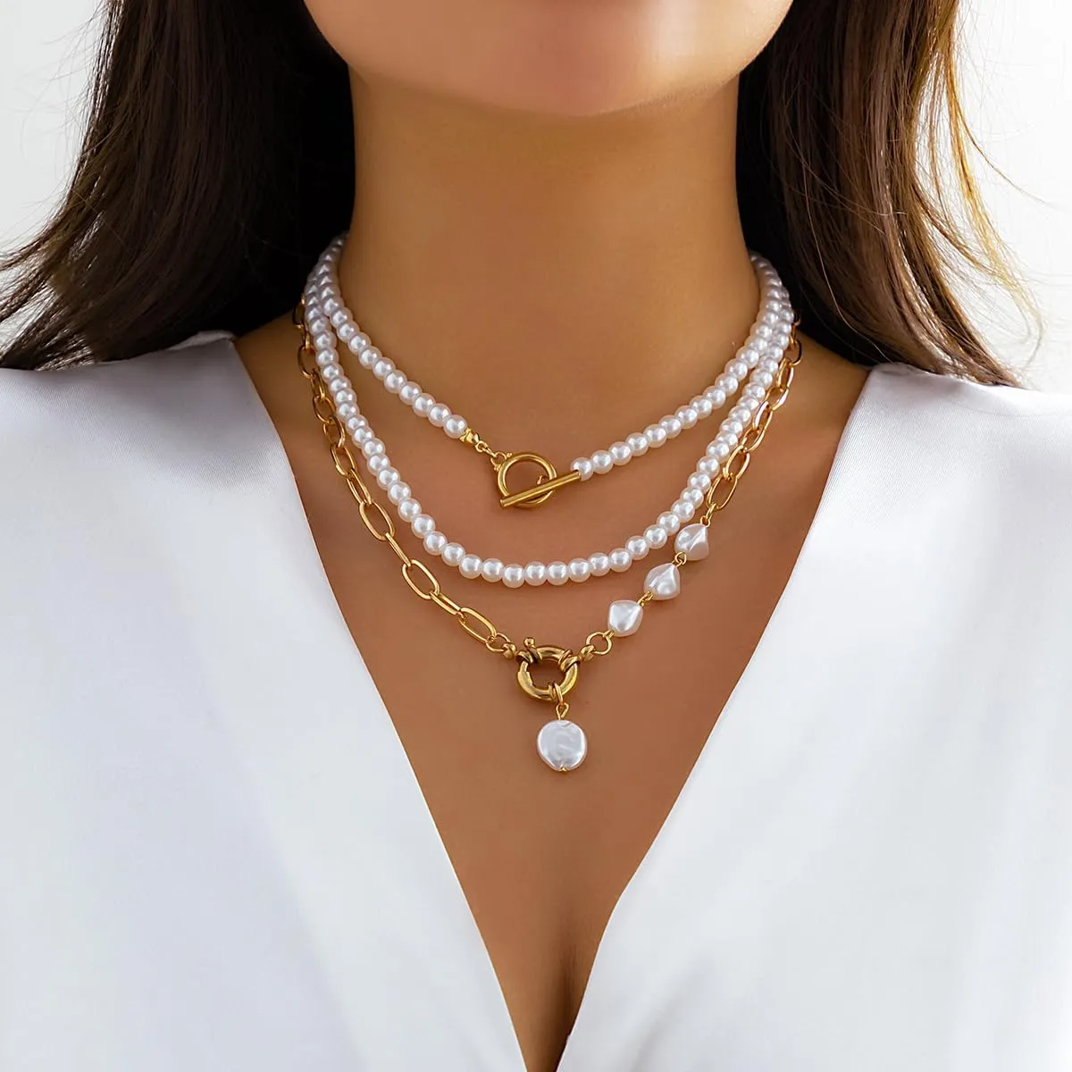 Gold Layered Chunky Necklace for Women Paperclip Chain Pearl Necklace Herringbone Necklace Gold Chunky Necklaces