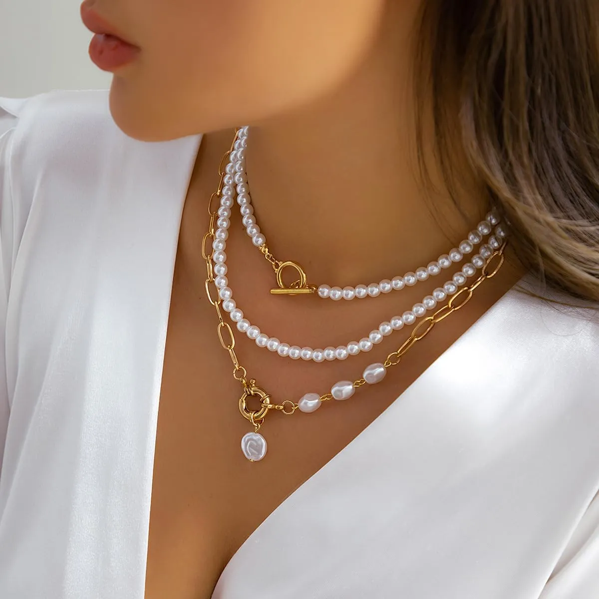 Gold Layered Chunky Necklace for Women Paperclip Chain Pearl Necklace Herringbone Necklace Gold Chunky Necklaces
