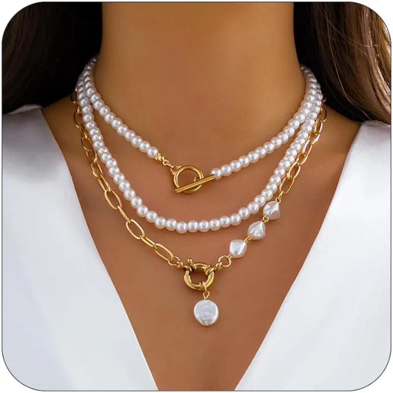 Gold Layered Chunky Necklace for Women Paperclip Chain Pearl Necklace Herringbone Necklace Gold Chunky Necklaces