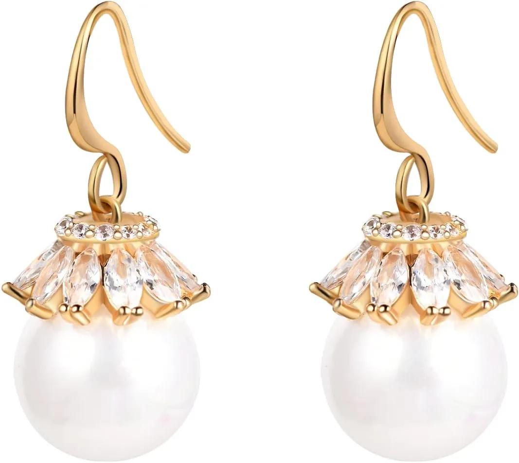 Gold Pearl Earrings Dangle Handpicked White Pearl Earrings for Women, Everyday Jewelry, Bridal Wedding Earrings