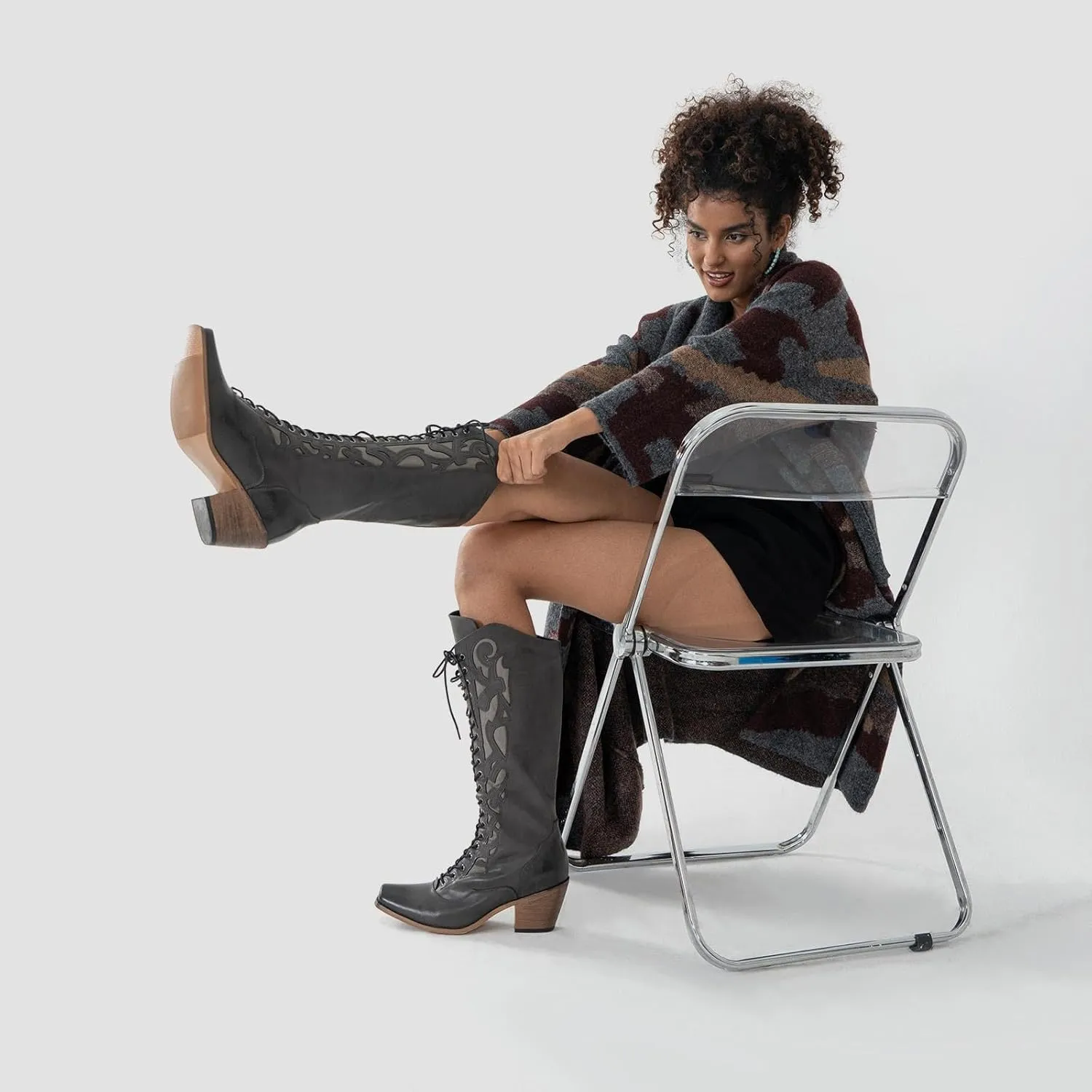 GORBINETI Women Cowboy Boots Lace up Mid Calf Cowgirl Boots Chunky Heel Western Riding Retro Knee High Boots Snip Toe Cowboy Boots