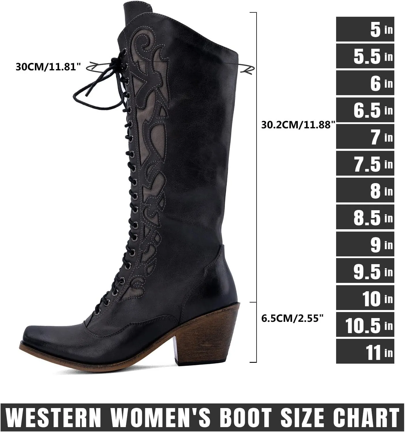 GORBINETI Women Cowboy Boots Lace up Mid Calf Cowgirl Boots Chunky Heel Western Riding Retro Knee High Boots Snip Toe Cowboy Boots