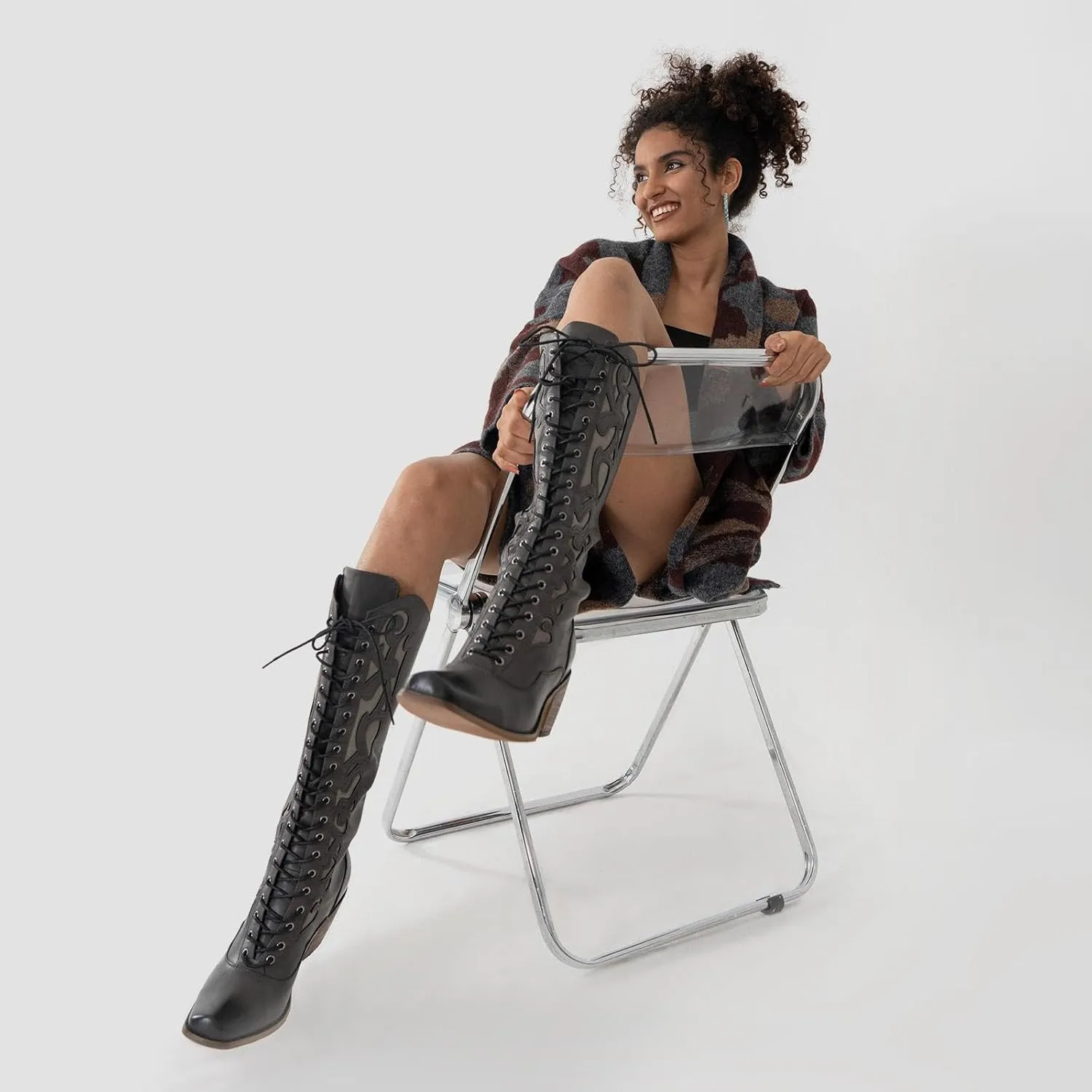 GORBINETI Women Cowboy Boots Lace up Mid Calf Cowgirl Boots Chunky Heel Western Riding Retro Knee High Boots Snip Toe Cowboy Boots