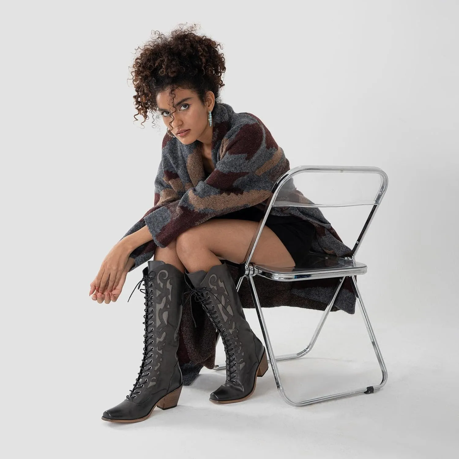 GORBINETI Women Cowboy Boots Lace up Mid Calf Cowgirl Boots Chunky Heel Western Riding Retro Knee High Boots Snip Toe Cowboy Boots