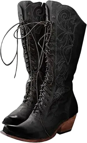 GORBINETI Women Cowboy Boots Lace up Mid Calf Cowgirl Boots Chunky Heel Western Riding Retro Knee High Boots Snip Toe Cowboy Boots