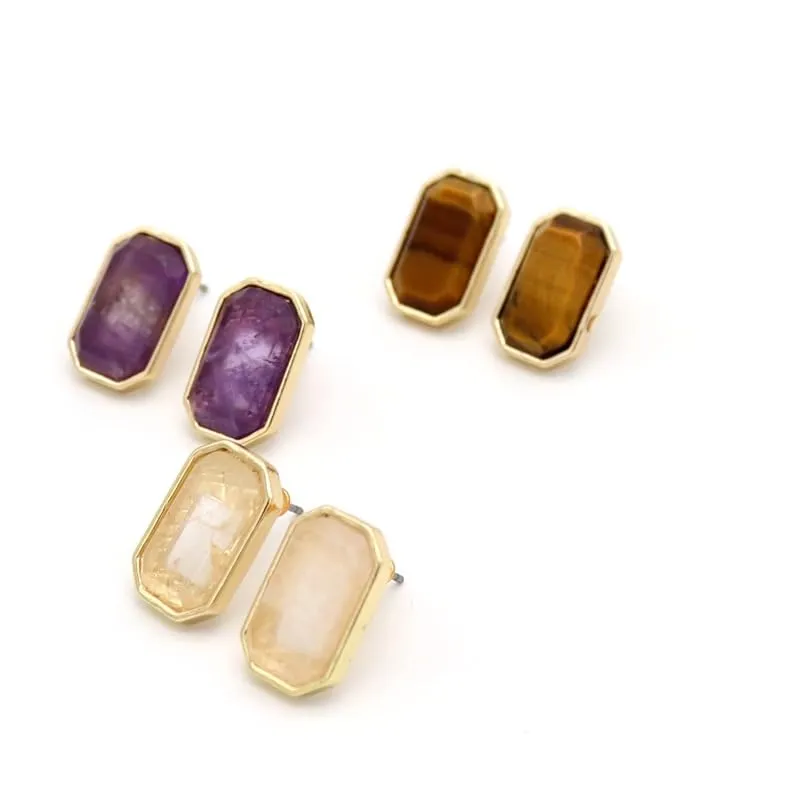Handcrafted Natural Stone Inlaid Earrings - Exquisite and Minimalist Design for Women  (Tiger eye stone)