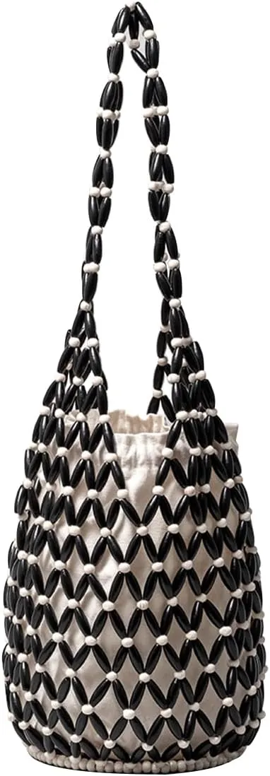 Handmade Woven Bucket Bag Drawstring Handbag for Women Summer Beach Bag Bohemian Clutch Bag Retro Top-handle Bag