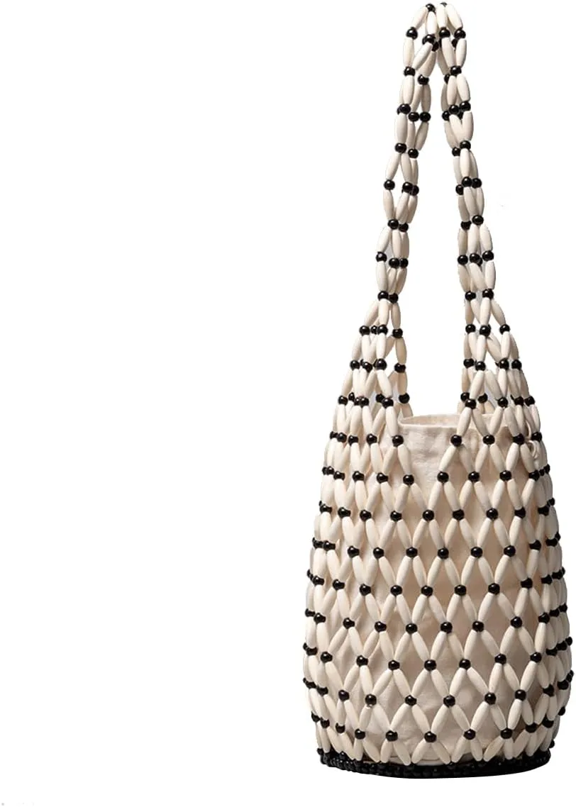 Handmade Woven Bucket Bag Drawstring Handbag for Women Summer Beach Bag Bohemian Clutch Bag Retro Top-handle Bag