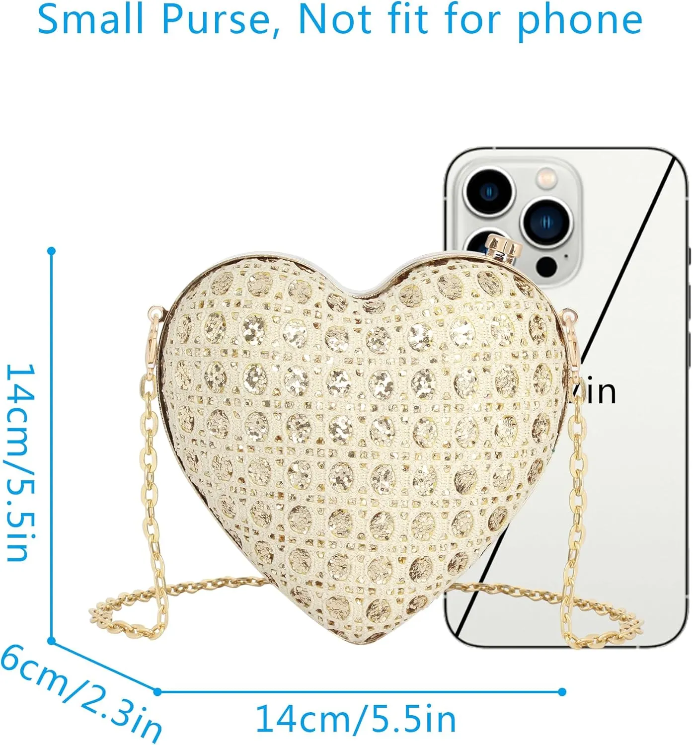 Heart Shape Evening Clutch Handbag Purse Glitter Sequins Faux Leather Shoulder Small Chain Crossbody Wedding
