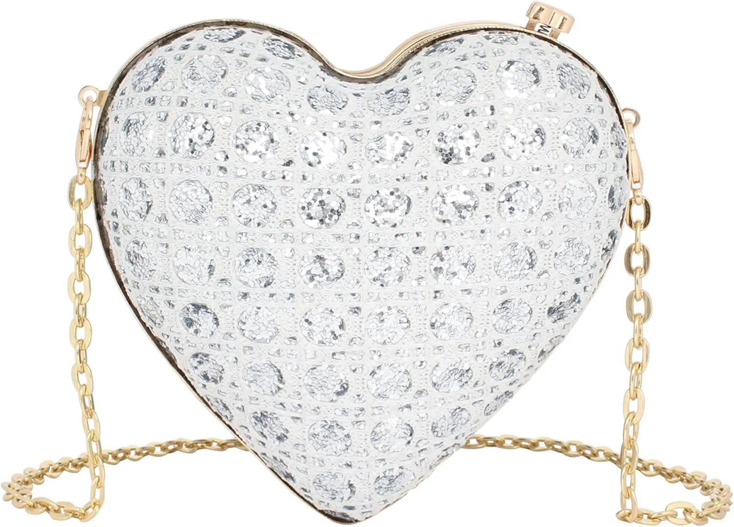 Heart Shape Evening Clutch Handbag Purse Glitter Sequins Faux Leather Shoulder Small Chain Crossbody Wedding