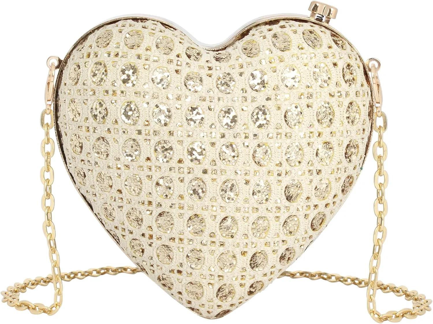 Heart Shape Evening Clutch Handbag Purse Glitter Sequins Faux Leather Shoulder Small Chain Crossbody Wedding