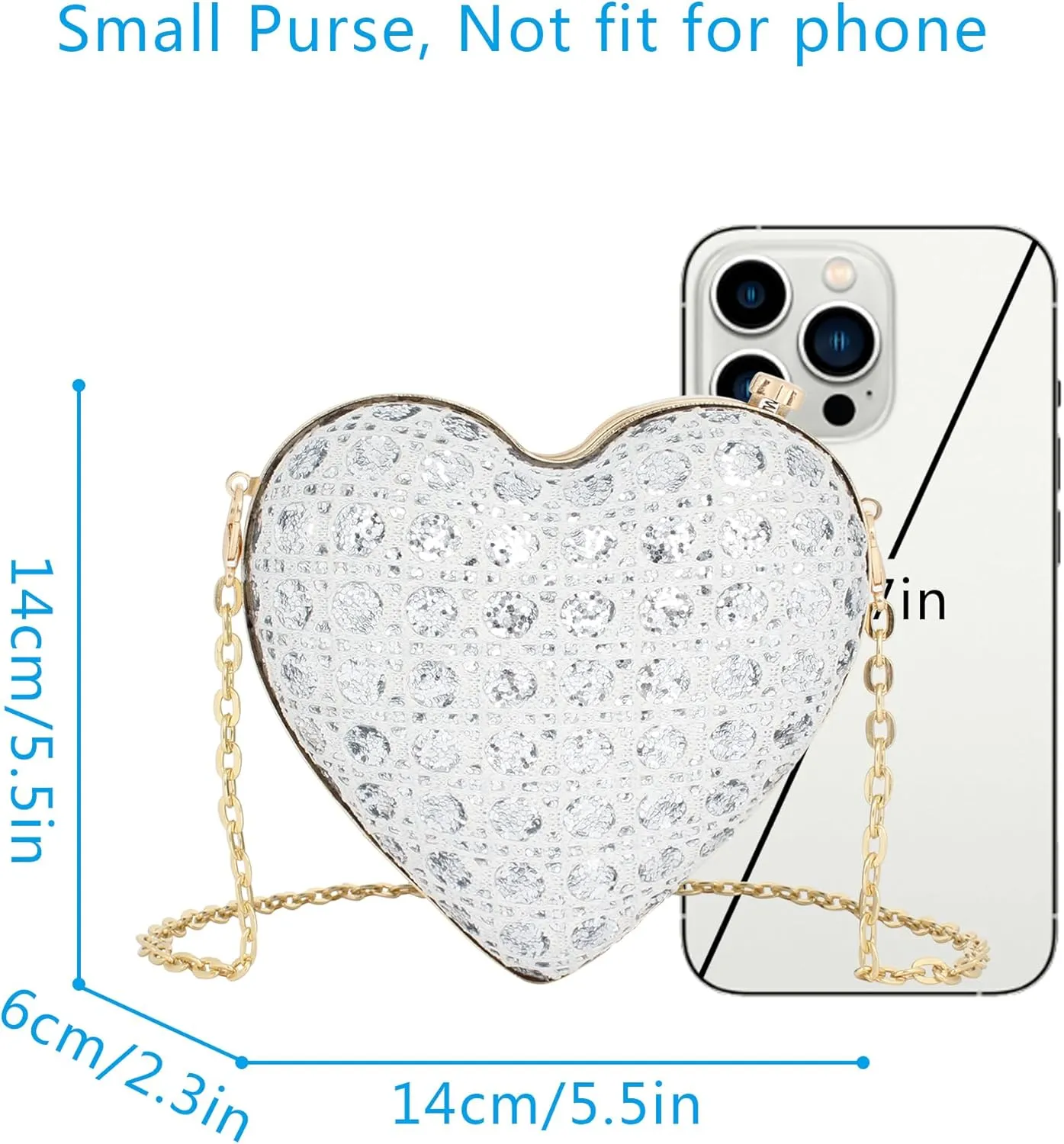 Heart Shape Evening Clutch Handbag Purse Glitter Sequins Faux Leather Shoulder Small Chain Crossbody Wedding