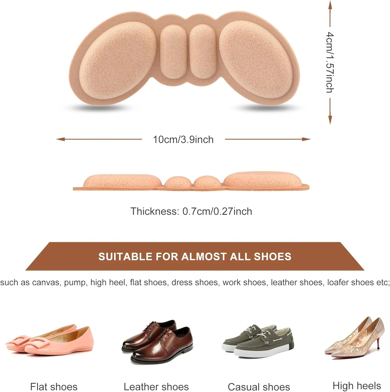 Heel Pads for Shoes That are Too Big, 4 Pairs Foamed Cotton Heel Cushions for Pain Relief & Tighter Fit, Filler Improved Shoe Fit and Comfort (Rosybrown)