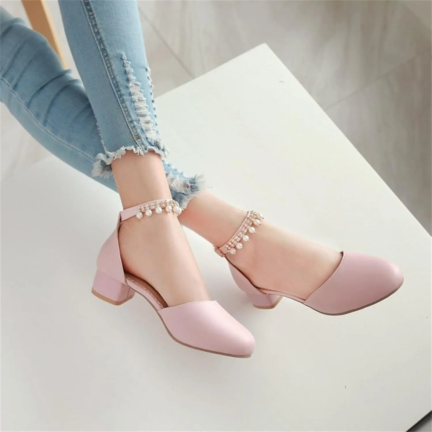 High Heels Pumps for Girl Baby Low Heel Dress Pumps Mary Jane Dress Shoes Pearls Flower Girl Wedding Party Shoes