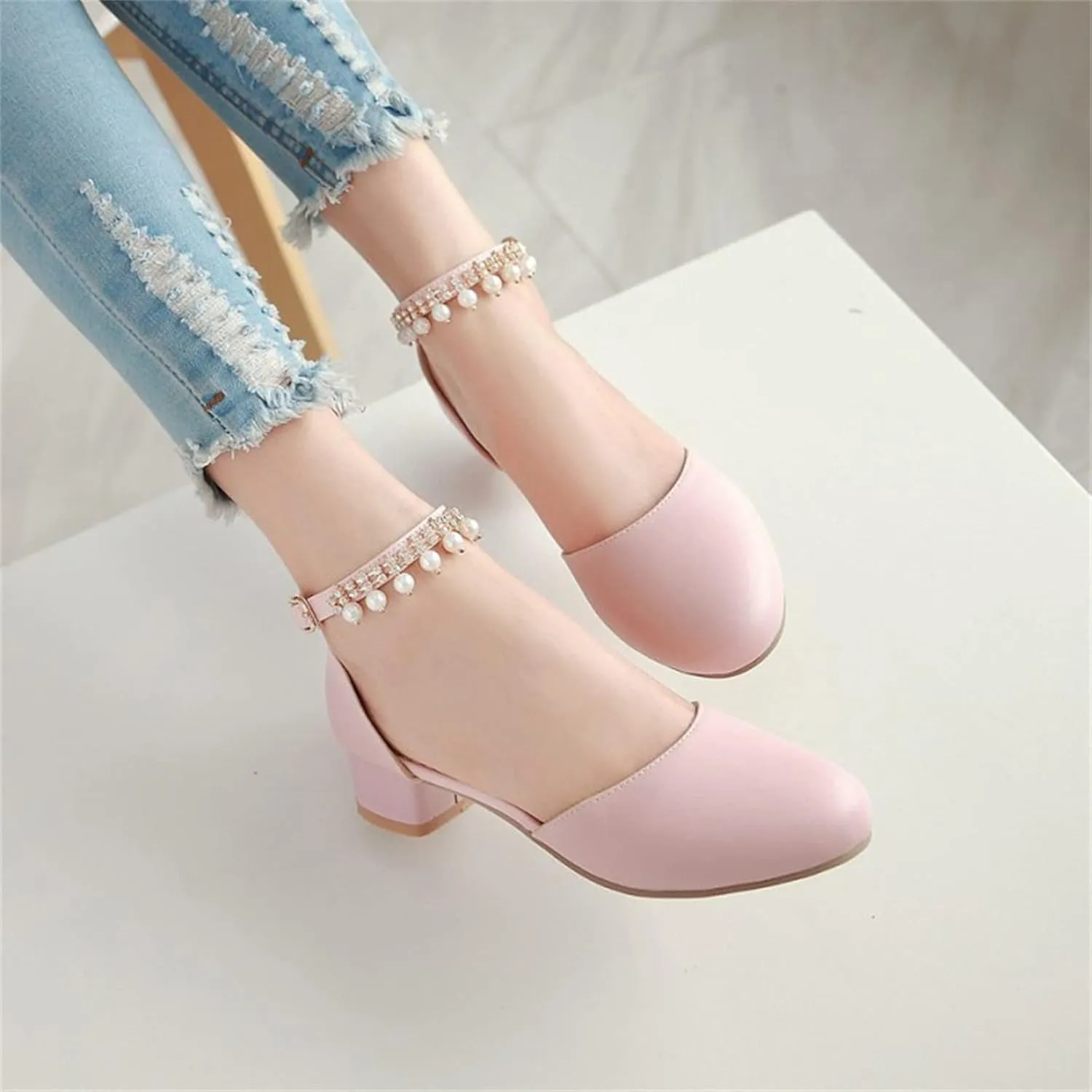 High Heels Pumps for Girl Baby Low Heel Dress Pumps Mary Jane Dress Shoes Pearls Flower Girl Wedding Party Shoes