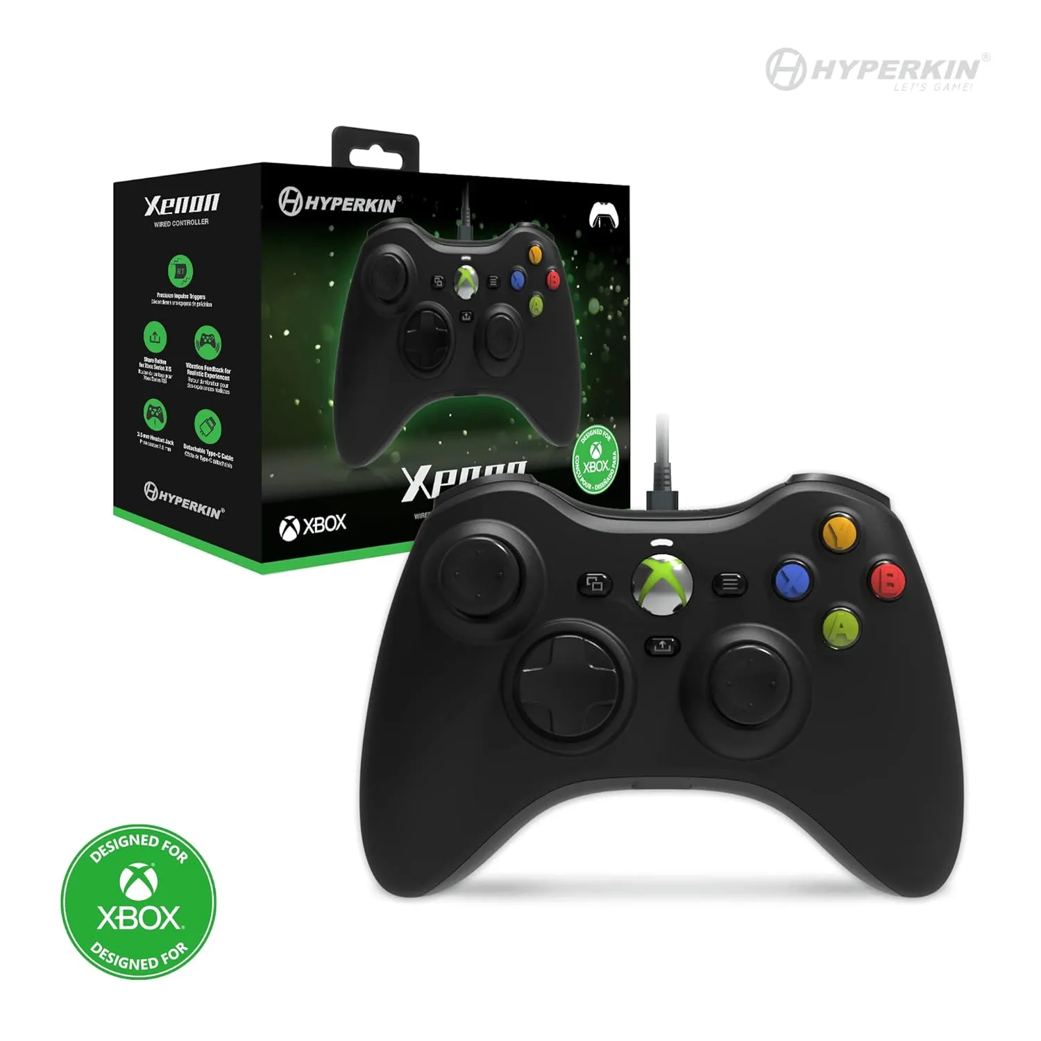 Hyperkin Xenon Wired Controller - Black - Officially licensed Xbox 360 Controller replica for use with Xbox Series X|S, Xbox One, Windows 10|11, PC, Video Game Controller, 3.5MM Audio Jack, Impulse Triggers, Plug and Play Gaming Gamepad