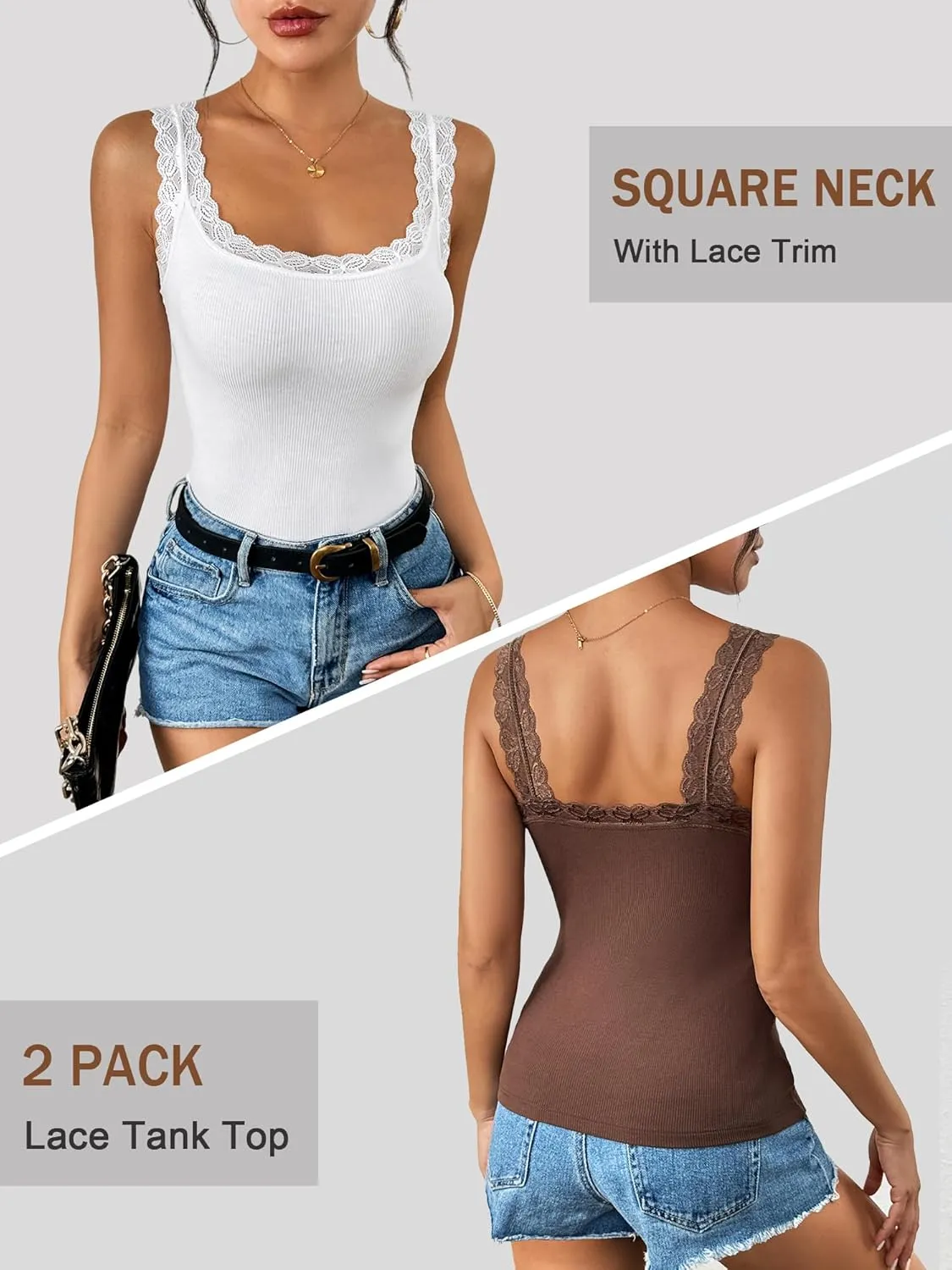 Ibeauti 2 Pack Lace Camisole Tank Tops for Women Sleeveless Summer Going Out Tops Ribbed Cami Undershirts