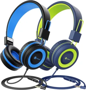 iClever 2 Pack Kids Headphones with Sharing Splitter - HS22 Safe Volume Limited - HD Microphone Tangle-Free Foldable Stereo Wired Headphones for Kids Teens for School/Tablet/Travel (Black & Green)