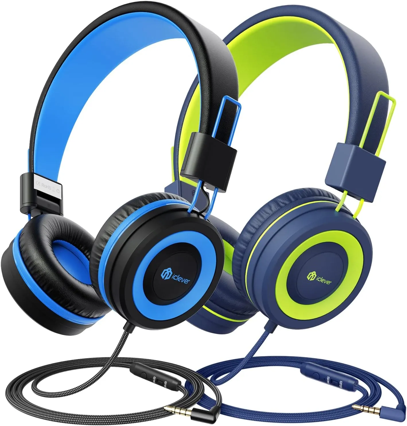 iClever 2 Pack Kids Headphones with Sharing Splitter - HS22 Safe Volume Limited - HD Microphone Tangle-Free Foldable Stereo Wired Headphones for Kids Teens for School/Tablet/Travel (Black & Green)