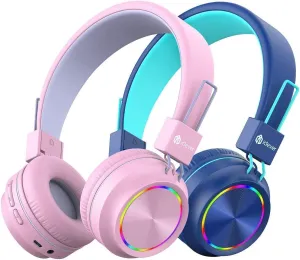 iClever BTH03 Kids Bluetooth Headphones, Colorful LED Lights,35H Playtime, Bluetooth 5.4, Type C Fast Charging, Stereo Sound Mic,On Ear Kids Wireless Headphones for iPad Airplane (Blue&Pink, 2 Pack)