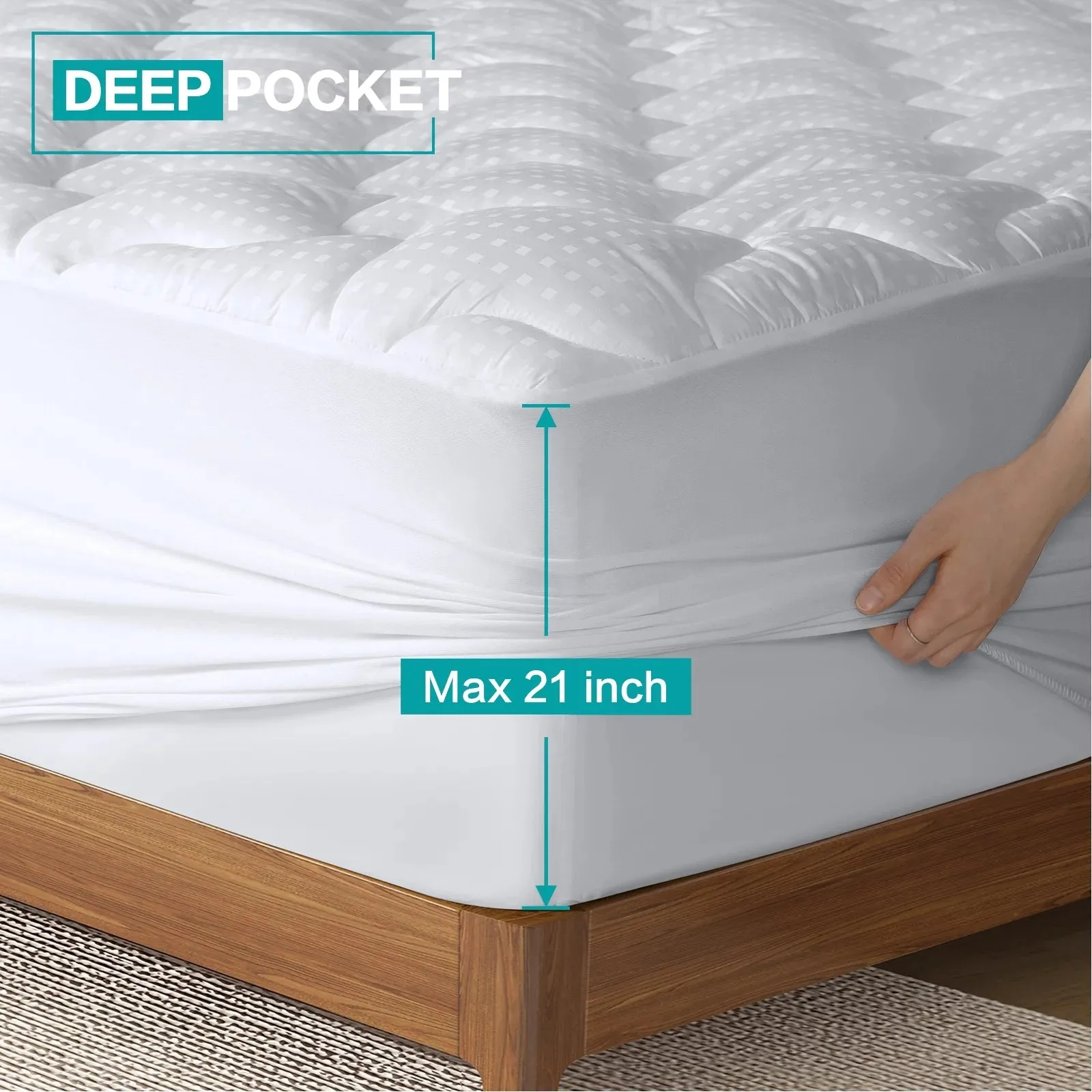INGALIK Queen Size Mattress Pad, 400TC Cotton Pillow Top Mattress Cover, Quilted Fitted Mattress Protector with 8-21" Deep Pocket, Cooling Mattress Topper (60x80 Inches, White)