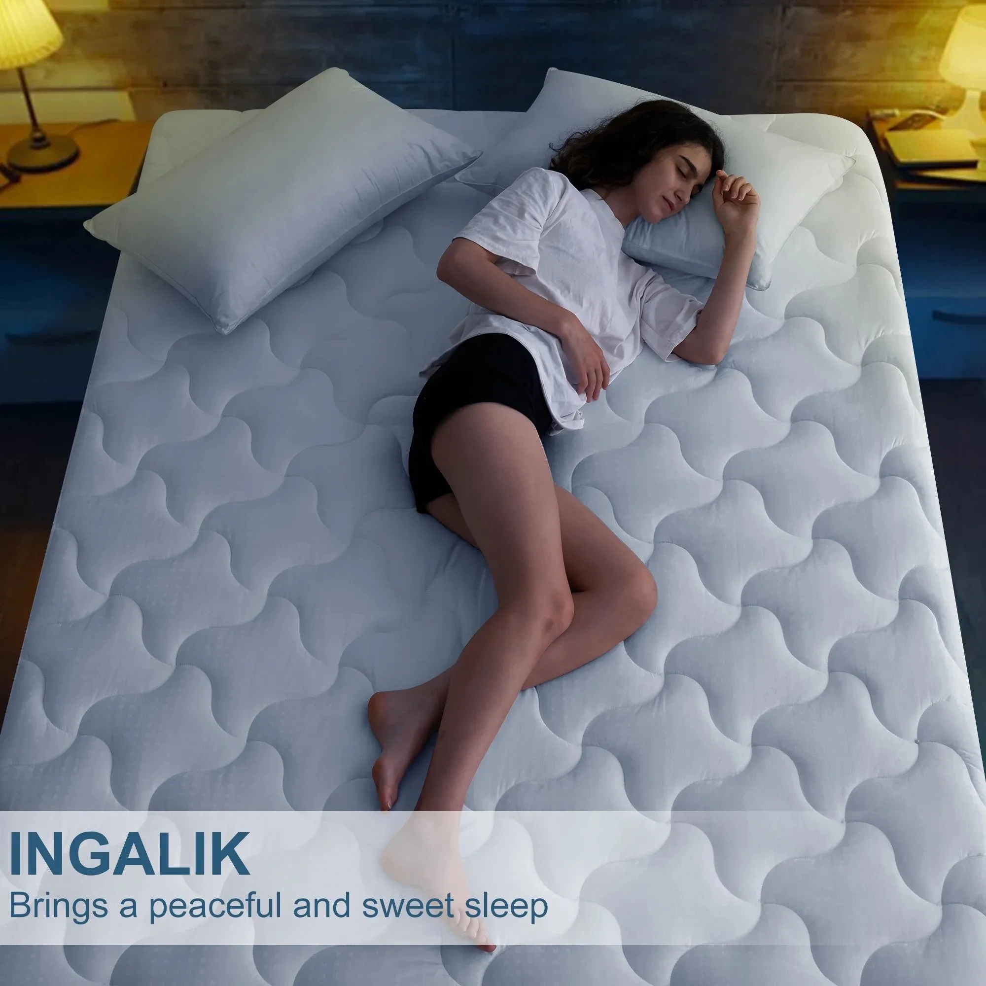 INGALIK Queen Size Mattress Pad, 400TC Cotton Pillow Top Mattress Cover, Quilted Fitted Mattress Protector with 8-21" Deep Pocket, Cooling Mattress Topper (60x80 Inches, White)