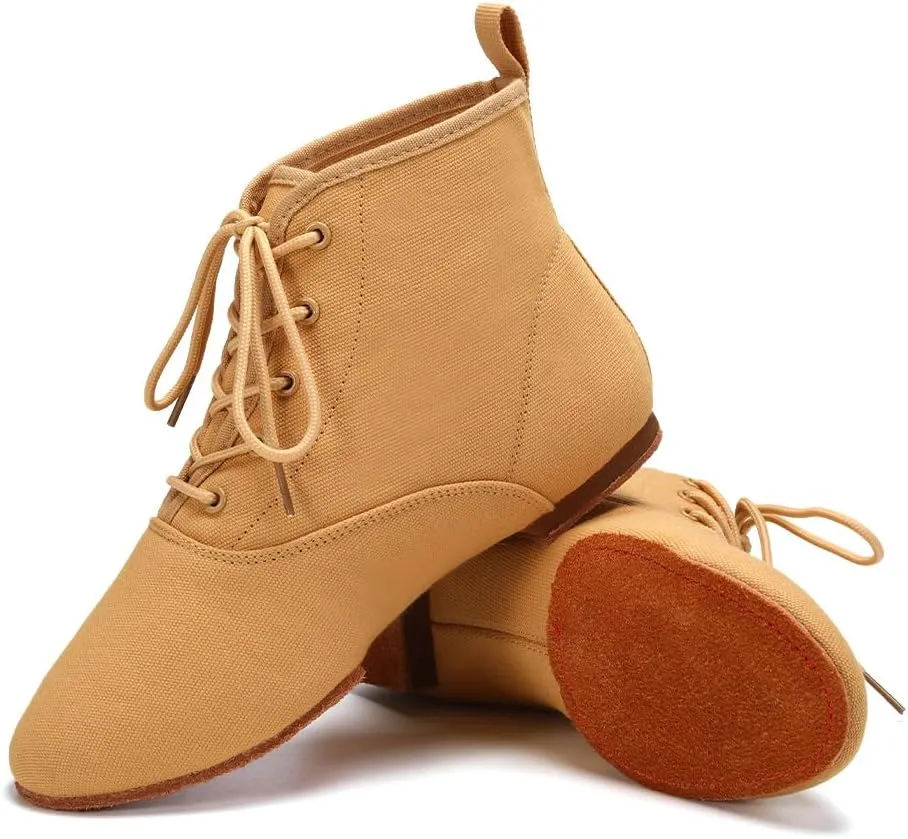 Jazz Dance Boots for Women Canvas Lace-up Ballroom Dance Flat Boots Practice Dancing Shoes
