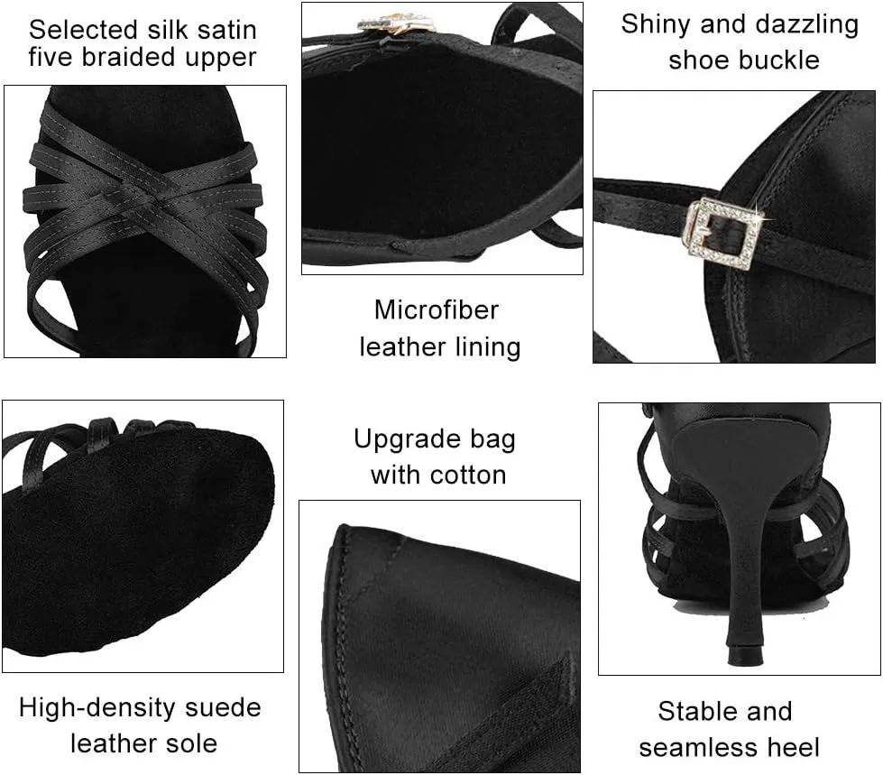 JUODVMP Satin Latin Dance Shoes Women Suede Bottom Professional Practice Open Toe Ankle Strap Ballroom Dance Shoes,Model 213ZS