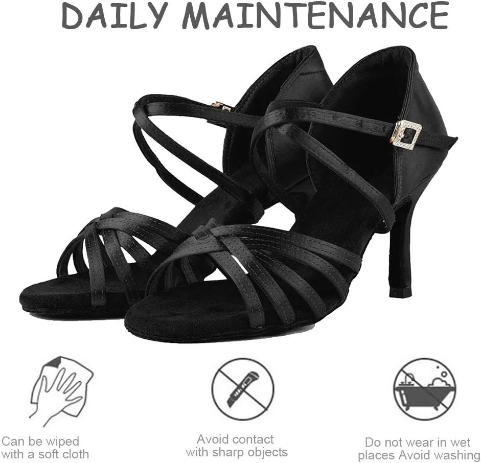 JUODVMP Satin Latin Dance Shoes Women Suede Bottom Professional Practice Open Toe Ankle Strap Ballroom Dance Shoes,Model 213ZS
