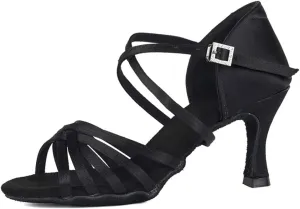 JUODVMP Satin Latin Dance Shoes Women Suede Bottom Professional Practice Open Toe Ankle Strap Ballroom Dance Shoes,Model 213ZS