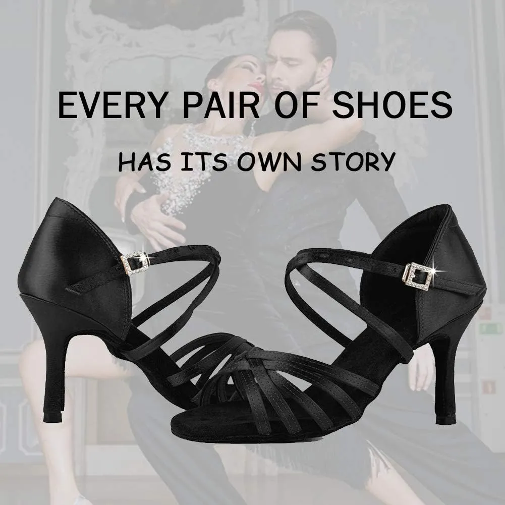 JUODVMP Satin Latin Dance Shoes Women Suede Bottom Professional Practice Open Toe Ankle Strap Ballroom Dance Shoes,Model 213ZS
