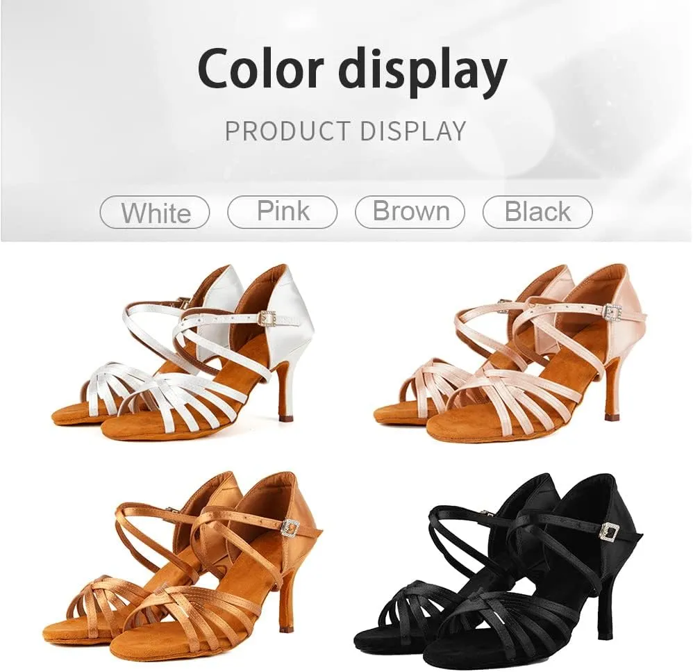 JUODVMP Satin Latin Dance Shoes Women Suede Bottom Professional Practice Open Toe Ankle Strap Ballroom Dance Shoes,Model 213ZS
