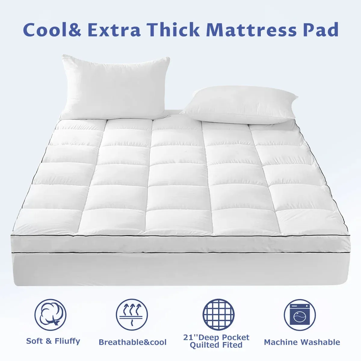 JUSTLET Extra Thick California King Mattress Topper, Cooling Mattress Pad Cover, 2" Mattress Topper with 8-21 Inch Deep Pocket Soft Comfortable Breathable, White