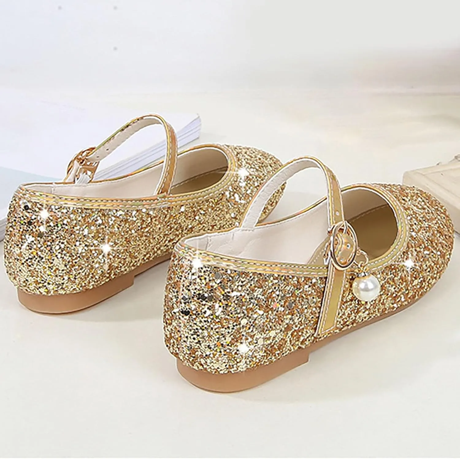 Kids Girl Mary Jane Dress Shoes Glitter Flat Shoes Shiny Sandals Bow Sequin Wedding Sandals High Heels Shoe