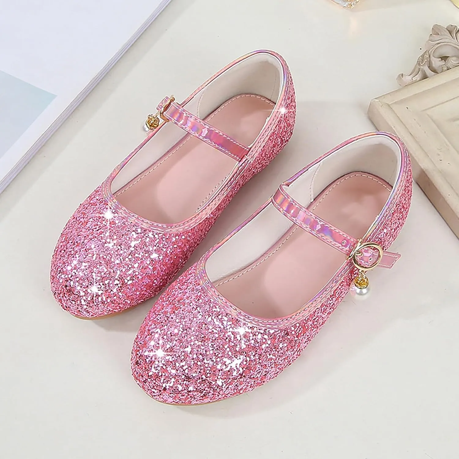 Kids Girl Mary Jane Dress Shoes Glitter Flat Shoes Shiny Sandals Bow Sequin Wedding Sandals High Heels Shoe