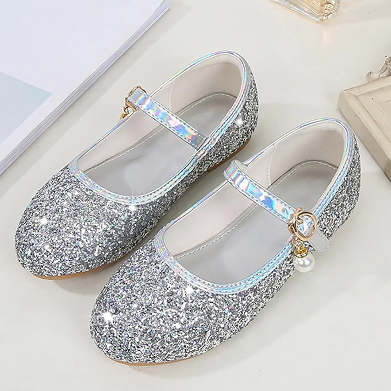 Kids Girl Mary Jane Dress Shoes Glitter Flat Shoes Shiny Sandals Bow Sequin Wedding Sandals High Heels Shoe