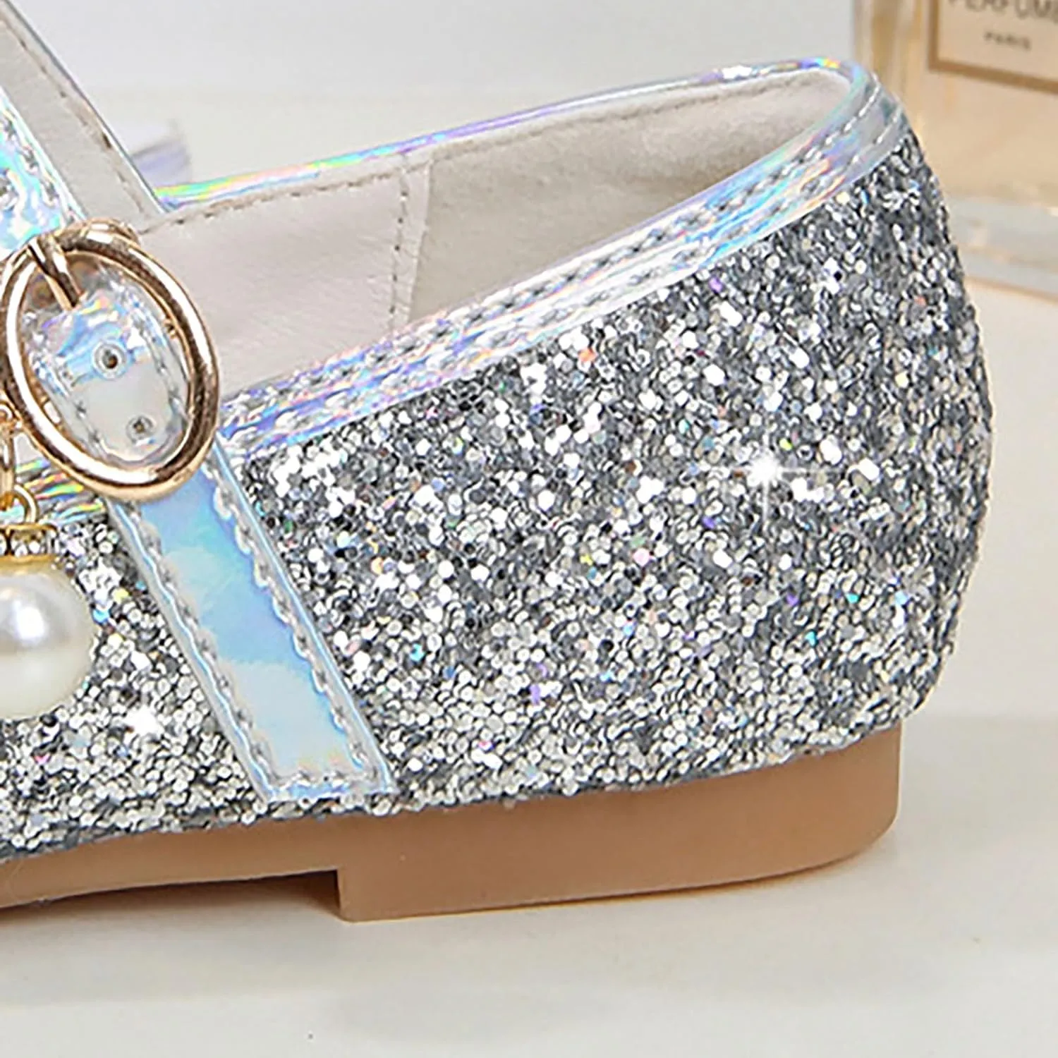 Kids Girl Mary Jane Dress Shoes Glitter Flat Shoes Shiny Sandals Bow Sequin Wedding Sandals High Heels Shoe
