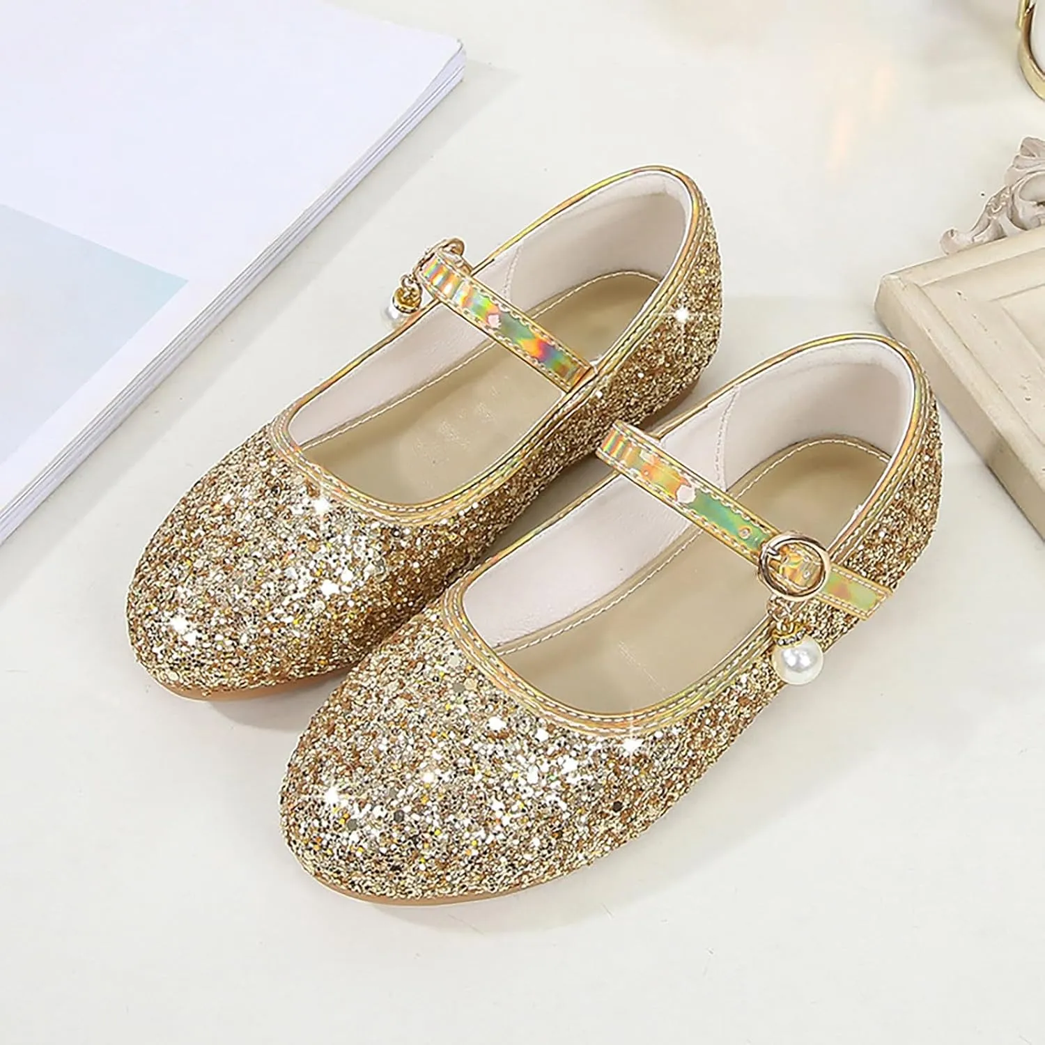 Kids Girl Mary Jane Dress Shoes Glitter Flat Shoes Shiny Sandals Bow Sequin Wedding Sandals High Heels Shoe
