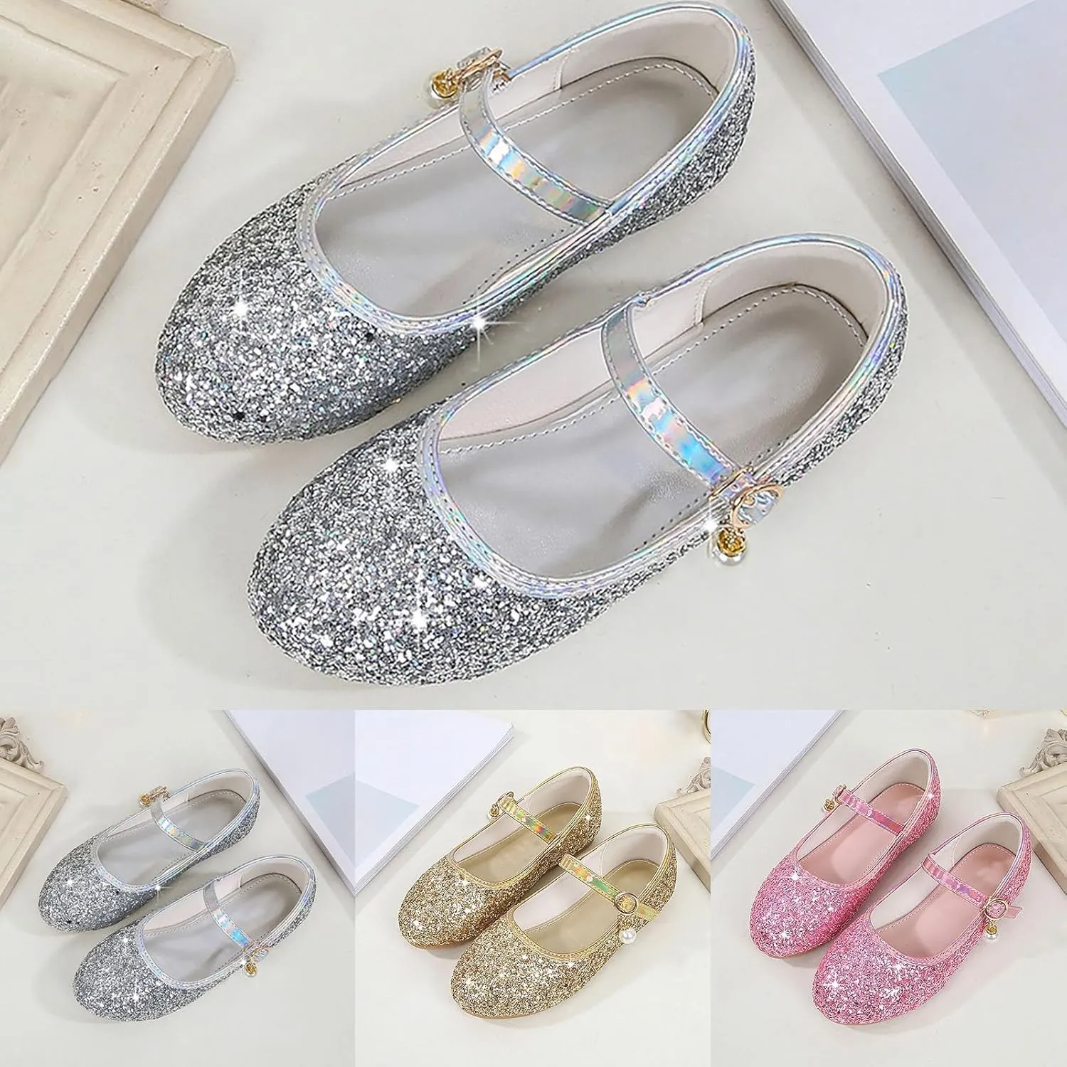 Kids Girl Mary Jane Dress Shoes Glitter Flat Shoes Shiny Sandals Bow Sequin Wedding Sandals High Heels Shoe